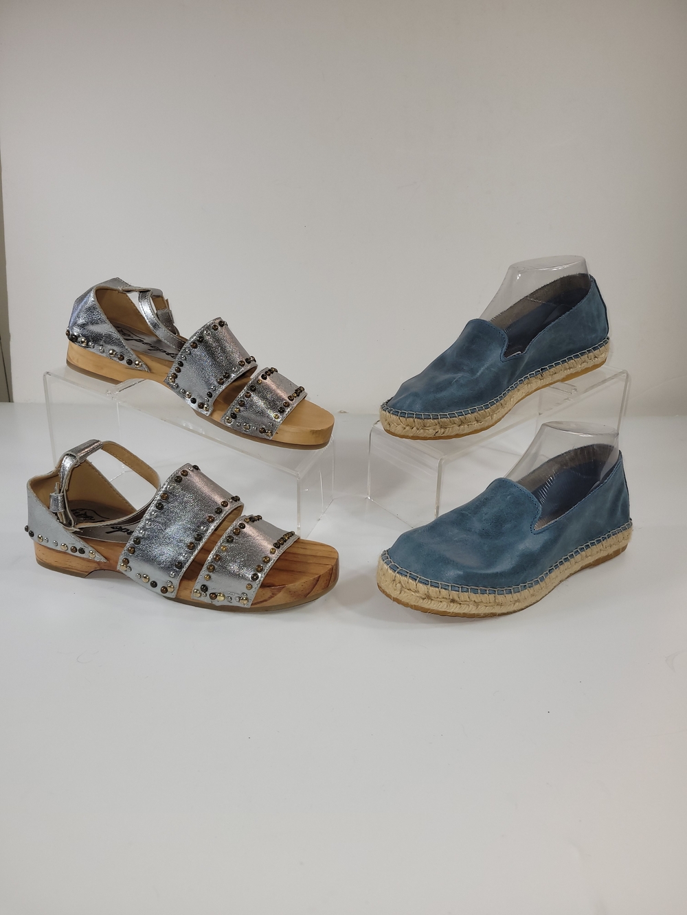Free People Metallic Studded Slide Sandals & Blue Suede Espadrille Flats Size 37